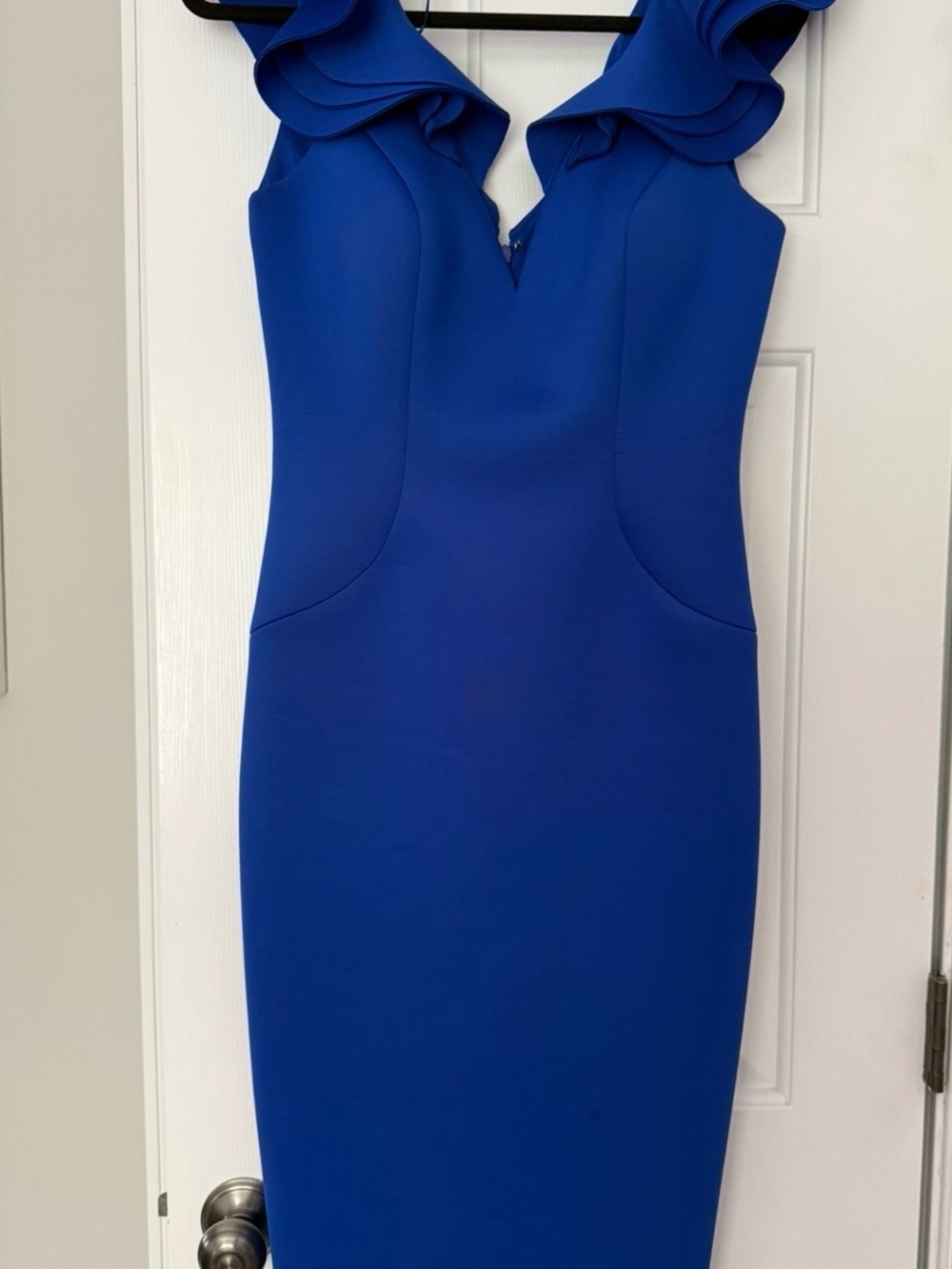 Eliza J Royal Blue Ruffle-Shoulder Midi Sheath Dress